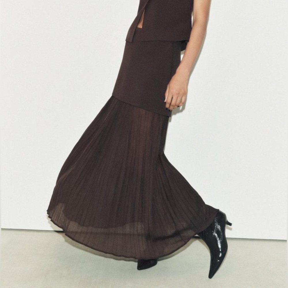 Zara NWT dark brown mixed combination midi pleated contrasting skirt - Picture 10 of 15